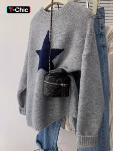 Daily Casual Commute Star Pattern Loose Long Sleeve Elegant Round Neck Lightweight Knit Sweater Knitwear, Women's Fall & Winter Fashion, Comfortable Daily Wear