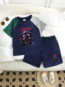 Summer Boys' Set, Saja Boys Letter Design, Short Sleeve Tee & Shorts Two-Piece, Casual Knit, Comfortable Daily Wear
