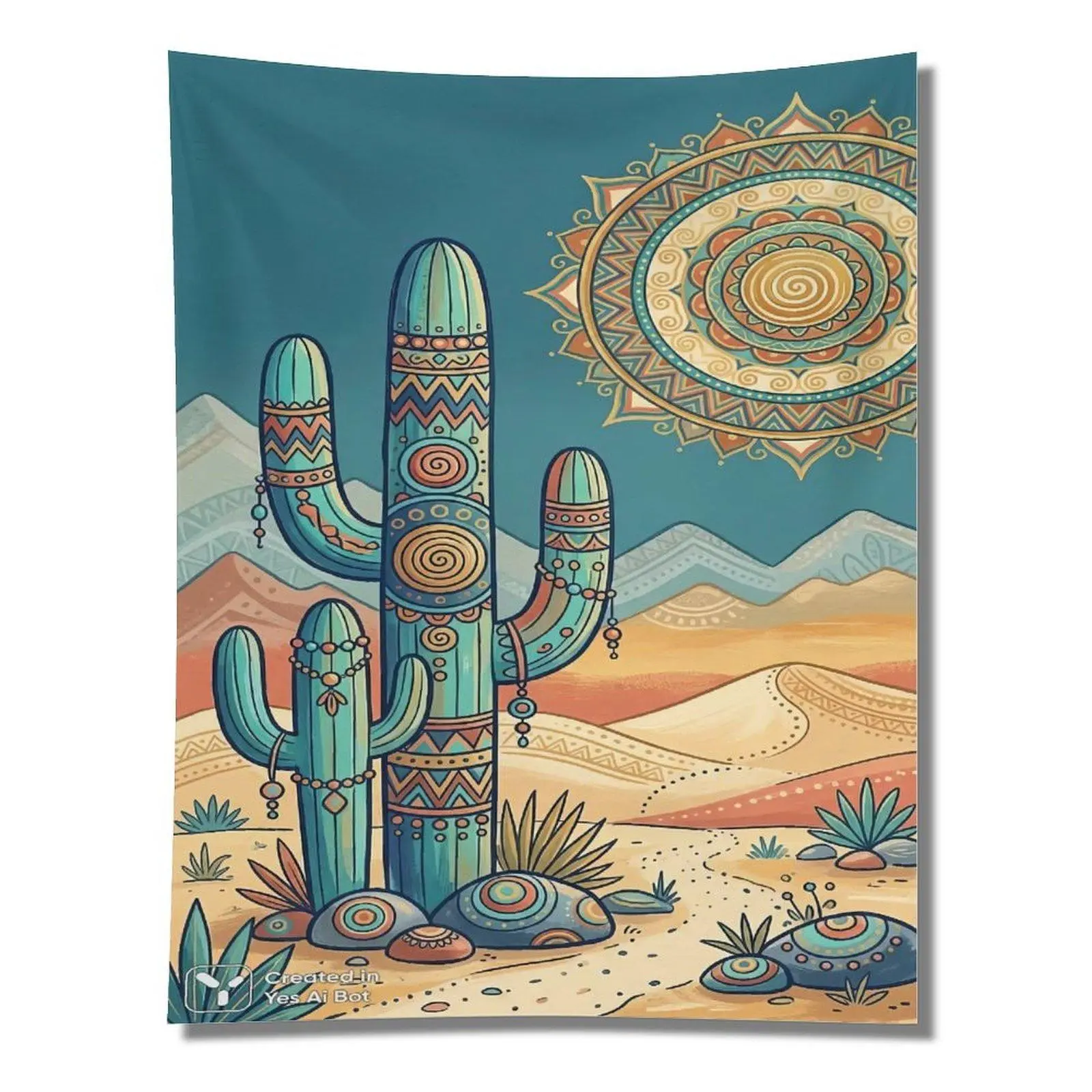 Southwest Tribal Pattern Saguaro Cactus Desert Mountain Mandala Teal Wall Tapestry Wall Hanging, Boho Western Native Nature Home Decor Backdrop