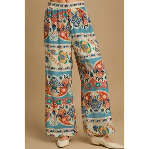 Umgee Full Size Wide Leg Border Print Pants Plus Size
