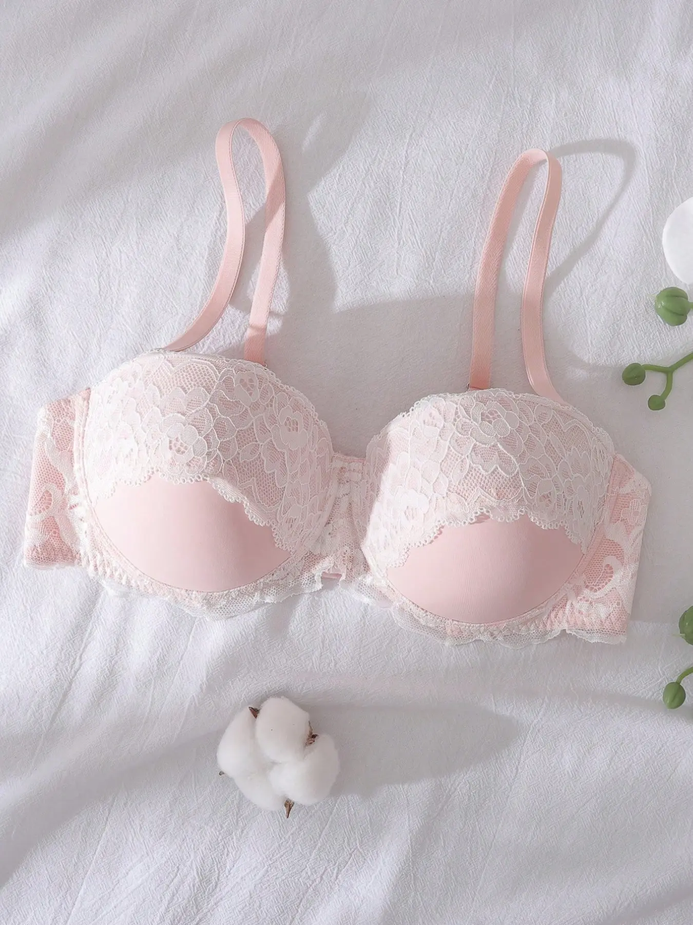 Women's Pink Lace Semi-Demi Bra with Underwire Push-Up Support, Supportive Underwire Bra, Floral Lace Trim, Adjustable Thin Shoulder Straps & Multi-Row Back Hooks, Cute & Comfortable Everyday Lingerie Lace Bra Top
