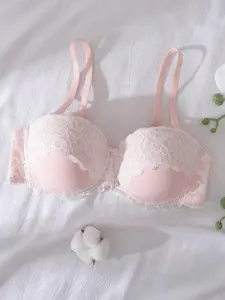 🔥 Women's Pink Lace Semi-Demi Bra with Underwire Push-Up Support, Elegant Floral Lace Trim, Adjustable Thin Shoulder Straps & Multi-Row Back Hooks, Cute & Comfortable Everyday Lingerie