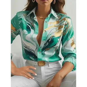Women's casual printed curved linen satin, casual long sleeved button up front collar shirt top, suitable for daily wear, all season women's clothingRAIMENTRY