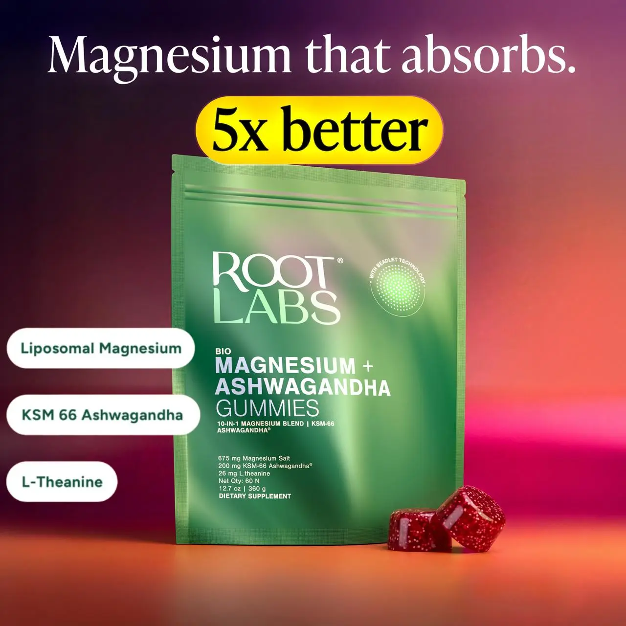 Root Labs Liposomal Magnesium + Ashwagandha Gummies with Beadlet Technology | 675mg Multi-Form Magnesium Salt, 200mg KSM-66 Ashwagandha, 26mg L-Theanine | High Bioavailability Gummies | Stress Relief, Sleep Support & Recovery | 60 Gummies (30 Servings)