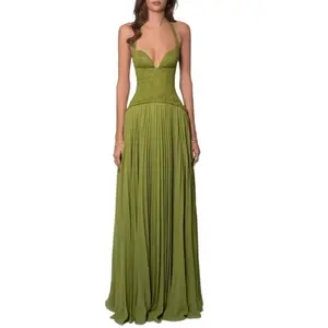 Women'S Sexy Halter Neck Low-Cut Backless Waist-Cinching Pleated Bright Green Bridesmaid Dress Minimalist, Pleated Long Dress