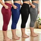 4pcs Spring Summer High Waisted Pocket Leggings Full Stretchy Soft Fabric Workout Sport Leggings, Pants for Women, Women's Fashion Yoga Shorts, Fitness Outdoor Sports Shorts with Tow Packtes, Tummy Control Butt Lifting Leggings, Comfortable Breathable sum