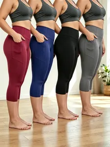 4pcs Spring Summer High Waisted Pocket Leggings Full Stretchy Soft Fabric Workout Sport Leggings, Pants for Women, Women's Fashion Yoga Shorts, Fitness Outdoor Sports Shorts with Tow Packtes, Tummy Control Butt Lifting Leggings, Comfortable Breathable