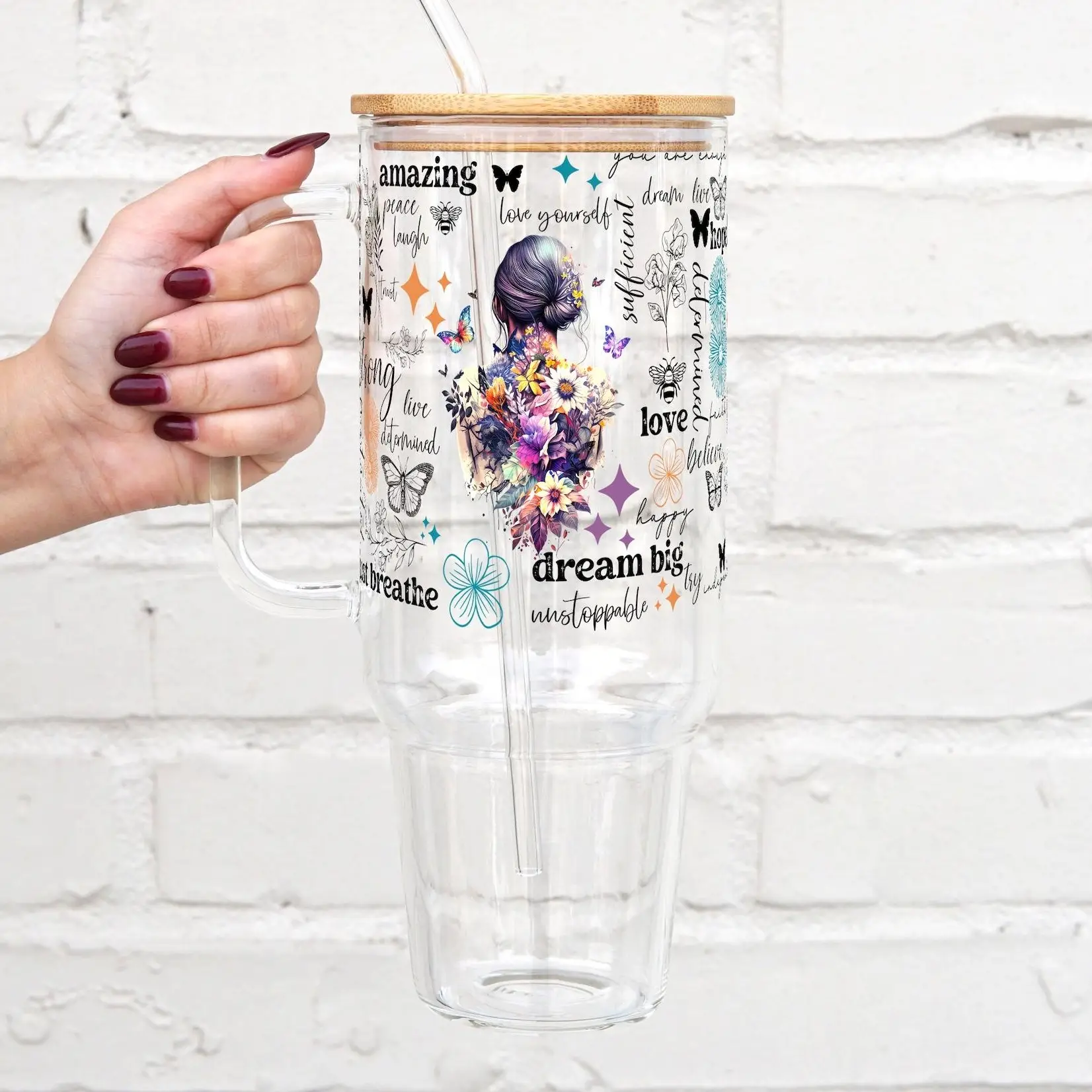 Sip-Sip Hooray! Positive Affirmations Inspirational Butterfly 16oz Glass Can Cup with Lid & Straw – Gift for Her, Birthday Drinkware, Reusable Cup Wat