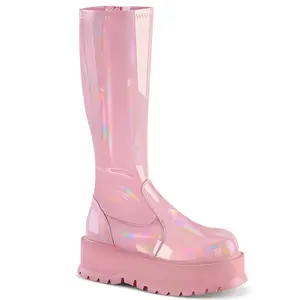Demonia Slacker-200 Baby Pink Holo Patent Knee-high Boots