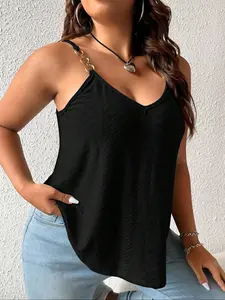 Plus Size Womenswear, Metal Chain V Neck Metallic Tank Top, Hollow Out Knit Loose Fit Inner Layer Tank Top, Plain Pattern, Comfortable and Stylish
