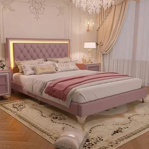 [Bellewave] Queen Size Upholstered Bed Frame with LED Lights,Modern Velvet Platform Bed with Tufted Headboard,Pink