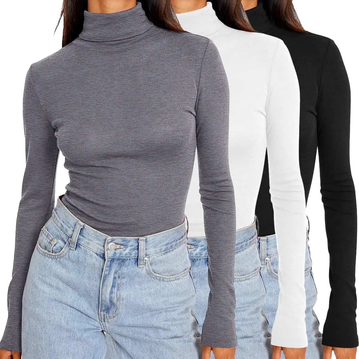 【US Shipping】Women’s 3-Piece Comfy Cotton Ribbed Turtleneck Knit Tops, Stretchy Lightweight Basic Long Sleeve Slim Fit Layering Shirts