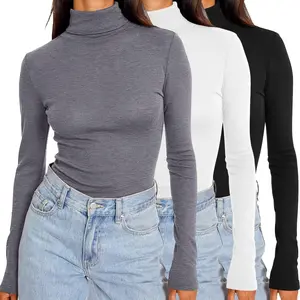 【US Shipping】3 Pack Women’s Turtleneck Tops  Cotton Ribbed Long Sleeve Slim Fit Layering Shirts Casual Fabric