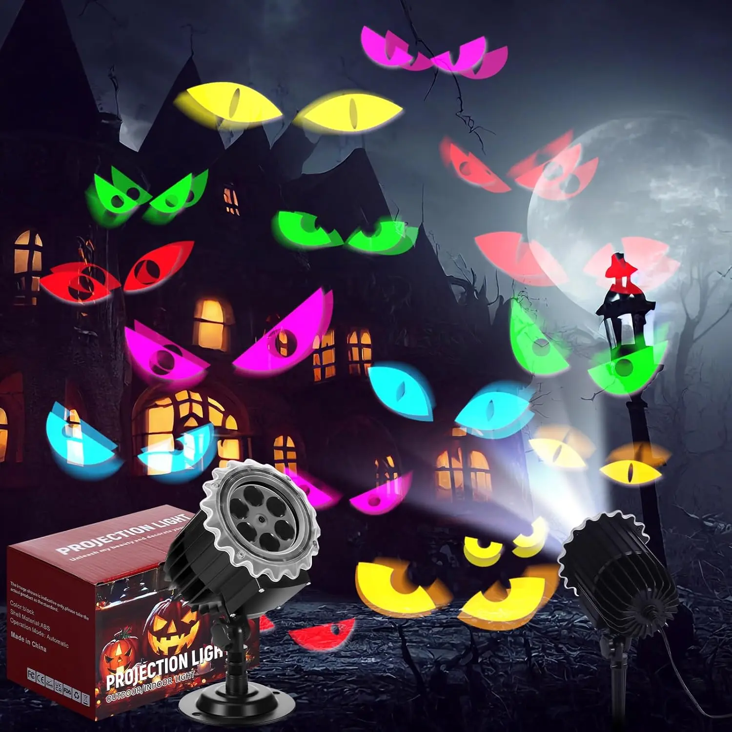 Halloween Projector Light with 1 Film Slides Holiday LED Projector Lights Outdoor Reflectors  Landscape Decorative Rotation Lighting Movement Projection Lamp(Eyes)