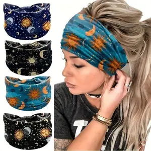 Boho Women's Sweatband Set Elastic Cotton Yoga Headbands with Sun Moon Star Design All-Season Versatile Sports Accessories for Yoga Workouts Running Travel Daily Casual Wear