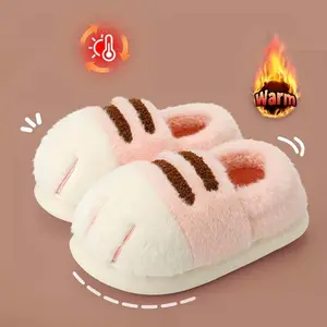 Cute Cartoon Cat Paw Slippers for Women – Fluffy Warm Plush House Shoes, Funny Furry Indoor Bedroom Slippers for Fall & Winter