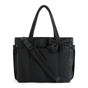 Quilted Down Bags Crush Bow Tote Bag for Women 15.6" Laptop Friendly Lightweight Puffy Handbag with Removable Bow & Multiple Compartments for Travel Work Beach Gym 23L Capacity