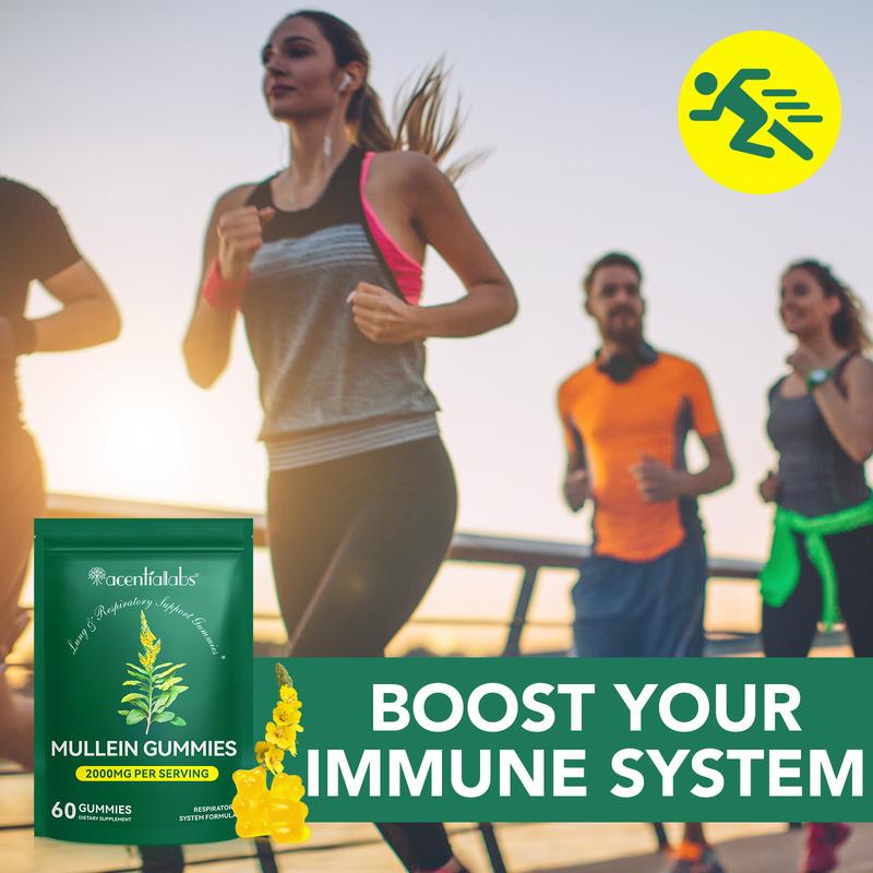 Mullein Gummies for Lungs, Edible Fitness Dietary Gummy, Lung Health, 1000mg Mullein Leaf Extract, Pear Flavor Gummies 60capsules Vitamin Supplement Healthcare mullein lung detox Respiratory System Formula Respiratory Support Vegan Ingredients