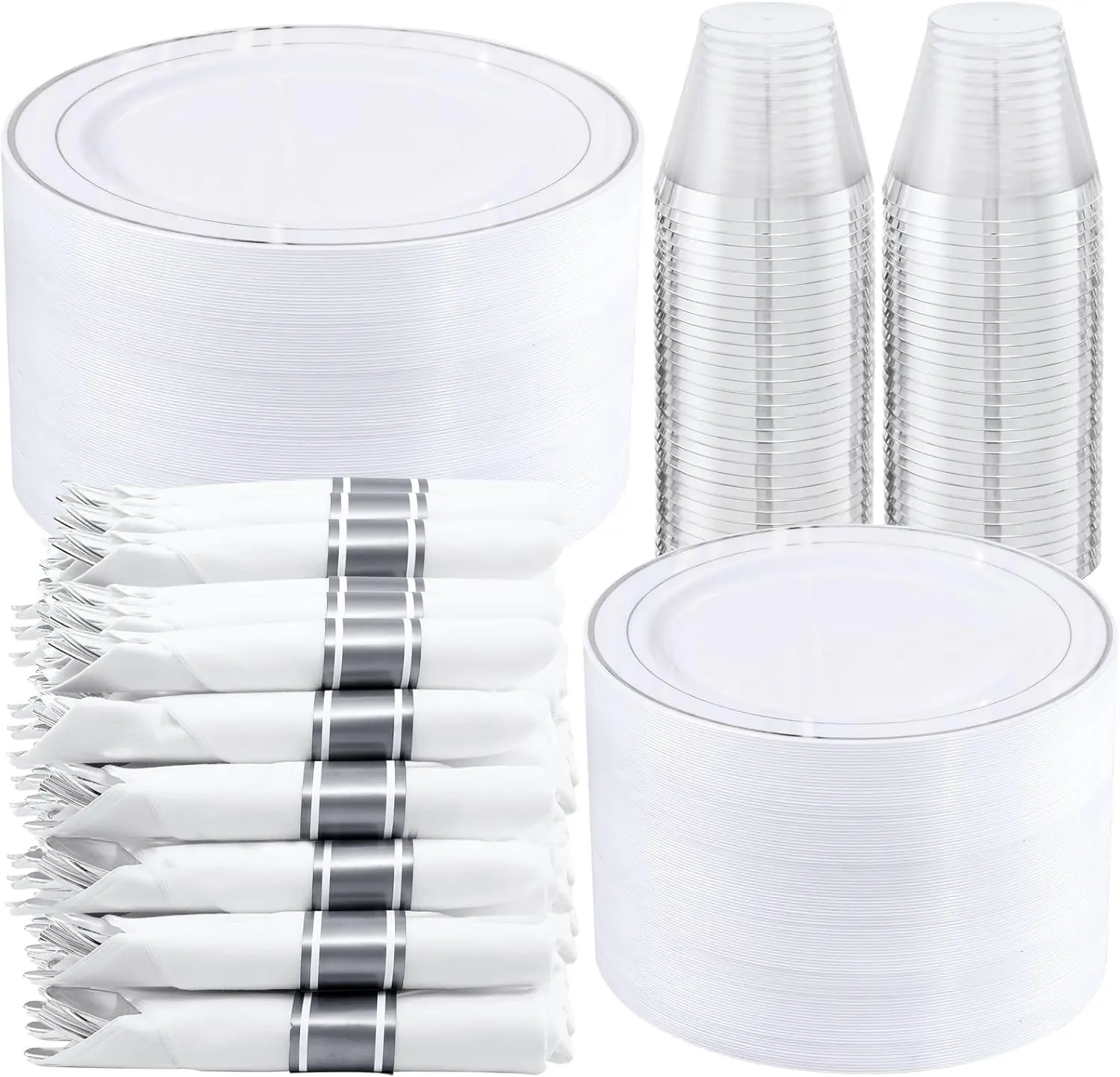 WELLIFE 350-Piece Gold Disposable graduation Plates and Cutlery Set - Premium 10.25" Dinner Plates, 7.5" Dessert Plates, 9oz Cups & Cutlery for Weddings, Catering Events - 50 Guest Service - Elegant & Sturdy