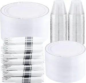WELLIFE 350-Piece Gold Disposable Plates and Cutlery Set - Premium 10.25" Dinner Plates, 7.5" Dessert Plates, 9oz Cups & Cutlery for Weddings, Catering Events - 50 Guest Service - Elegant & Sturdy
