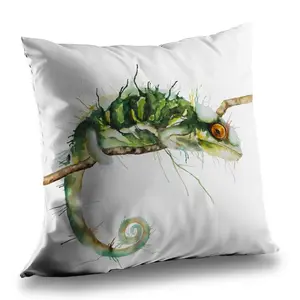 212 MAIN 14x14 in Decorative Poly Twill Throw Pillow - Whimsical Home Decor Accent, Twill Weave, Soft Insert, Reptile Motif Chameleon "On the Lookout" Print, Chameleon Print