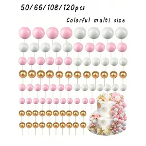 50/66/108/120pcs Colorful Balls Cake Toppers, Foam Ball Cake Decorations, Ball Shaped Cake Insert Topper Baking Decoration Wedding Anniversary Birthday Christmas, Halloween Gift (Black, Silvery, White), Cake Decorating Supplies