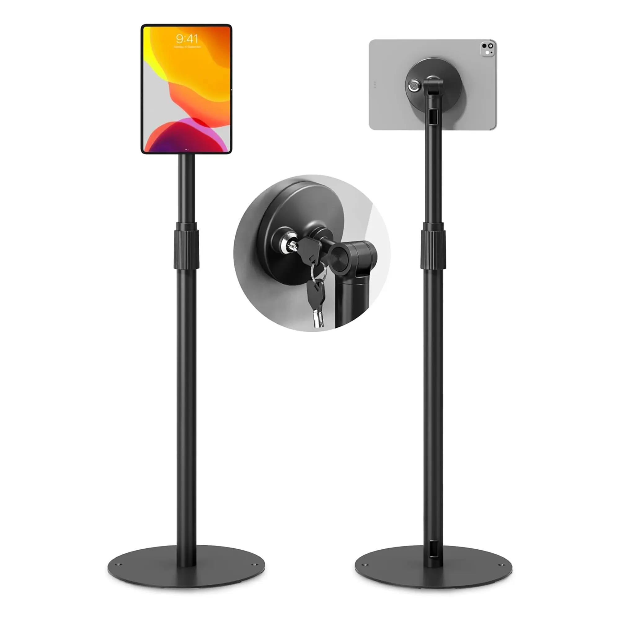 monTEK Anti-Theft Tablet Floor Stand, Frameless Universal Tablet Kiosk with Security Lock Fit 7"-15" Screen, Height Adjustable Mount Compatible with Gen 7 to 10 /iPad Pro/Air/Mini/Samsung Tab