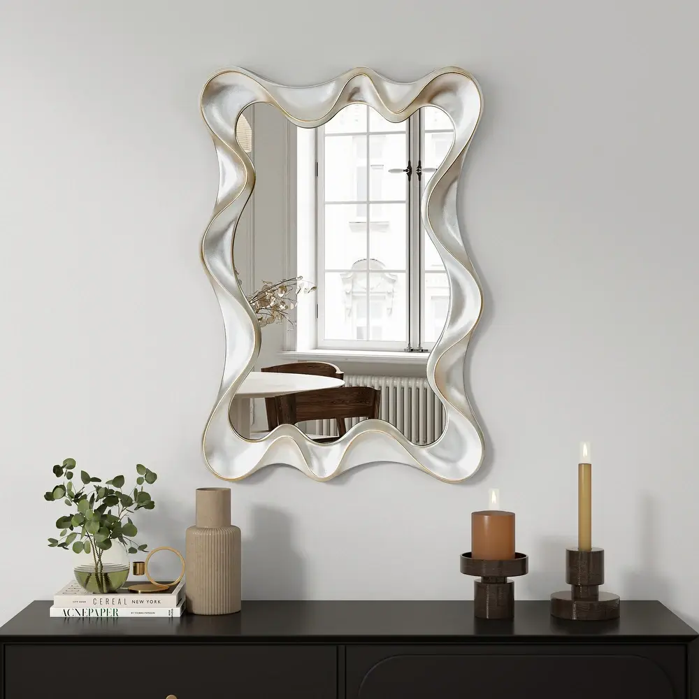 Modern Decorative Durable MDF Wall Hanging Mirror - 35.4"×27.6", Elegant Large Asymmetrical Silver, Home Decor for Room & Entryway, Enhanced Reflection