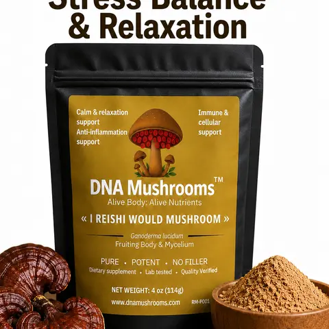 DNA Mushroom LLC Pure Potent Reishi Mushroom Powder - Lab-Tested Adult Dietary Wellness Supplement, Fruiting Body & Mycelium, Gluten-Free, No Fillers/Additives, 4oz/8oz Options, 1 tsp Daily Mix for Relaxation, Stress Relief