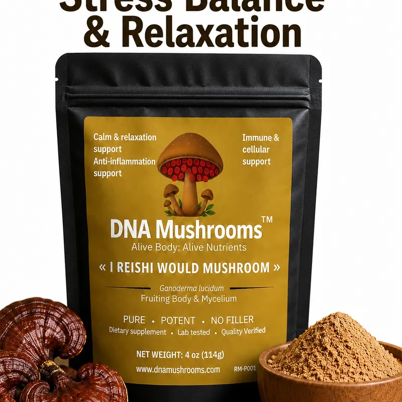DNA Mushroom LLC Pure Potent Reishi Mushroom Powder - Lab-Tested Adult Dietary Wellness Supplement, Fruiting Body & Mycelium, Gluten-Free, No Fillers/Additives, 4oz/8oz Options, 1 tsp Daily Mix for Relaxation, Stress Relief