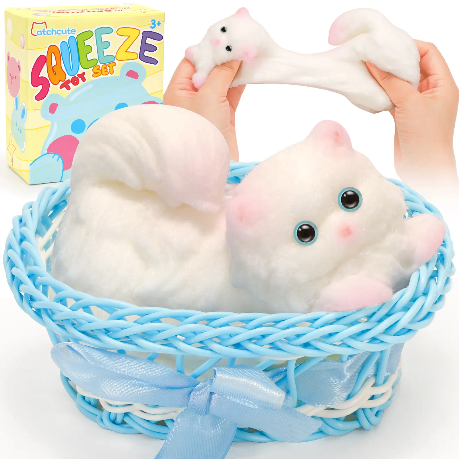 Big Squeeze Cat Toys with Basket,Soft Cat Squishies Sensory Fidget Toys for Stress Anxiety Relief, Sticky Toys Party Favors Christmas Birthday Gift
