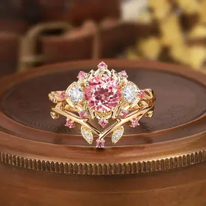 Yellow Gold Pink Sapphire Twig Leaf Engagement Ring Set • Round-Cut Sapphire + Diamond Cluster • Nature-Inspired Bridal/Anniversary Gift