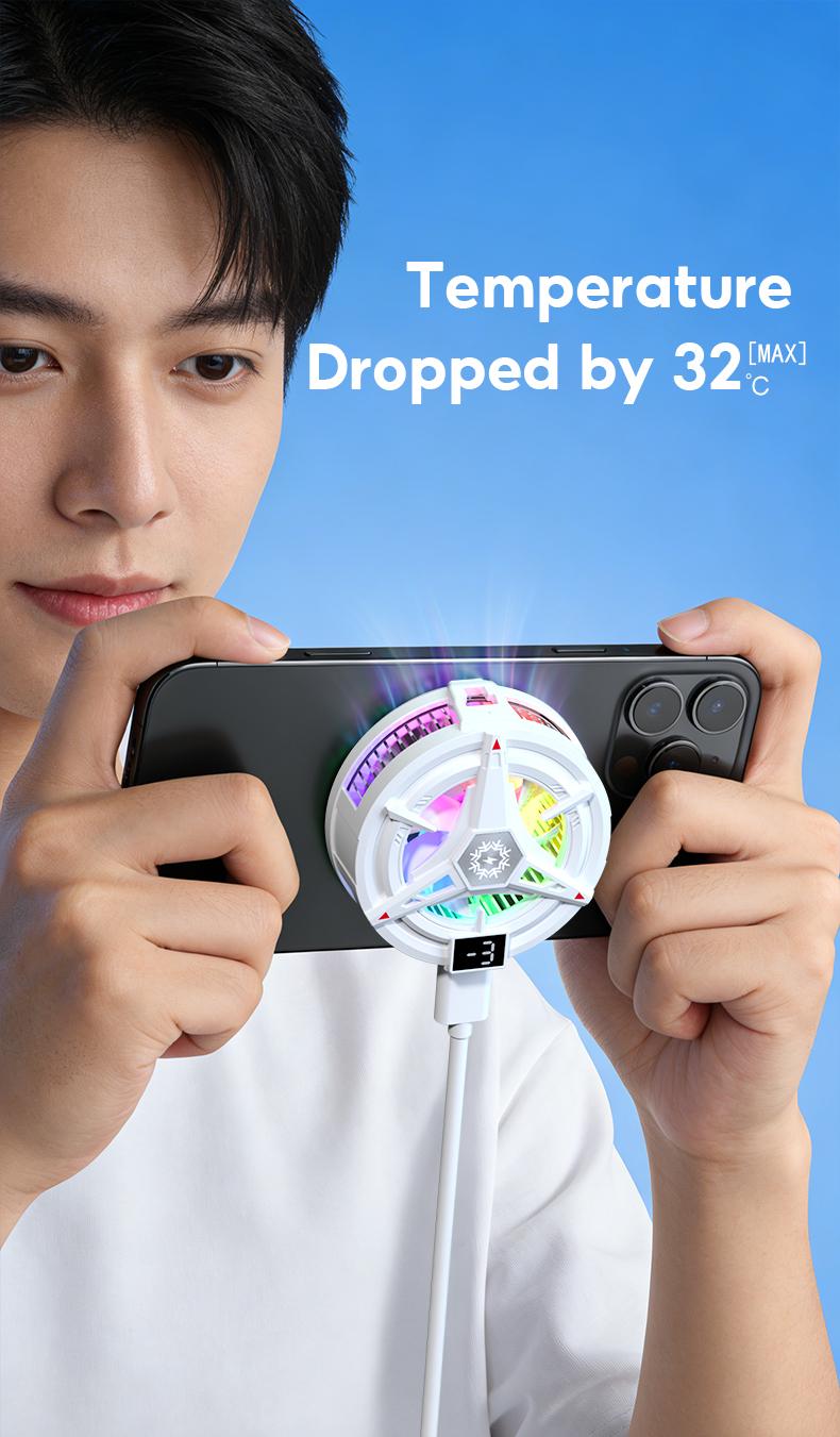 Yodevoe is a portable phone cooler featuring 15W fast cooling and AI intelligent cooling, capable of rapidly reducing phone temperature within 15 seconds. It also offers 100 adjustable cooling modes and three-color ambient lighting effects.