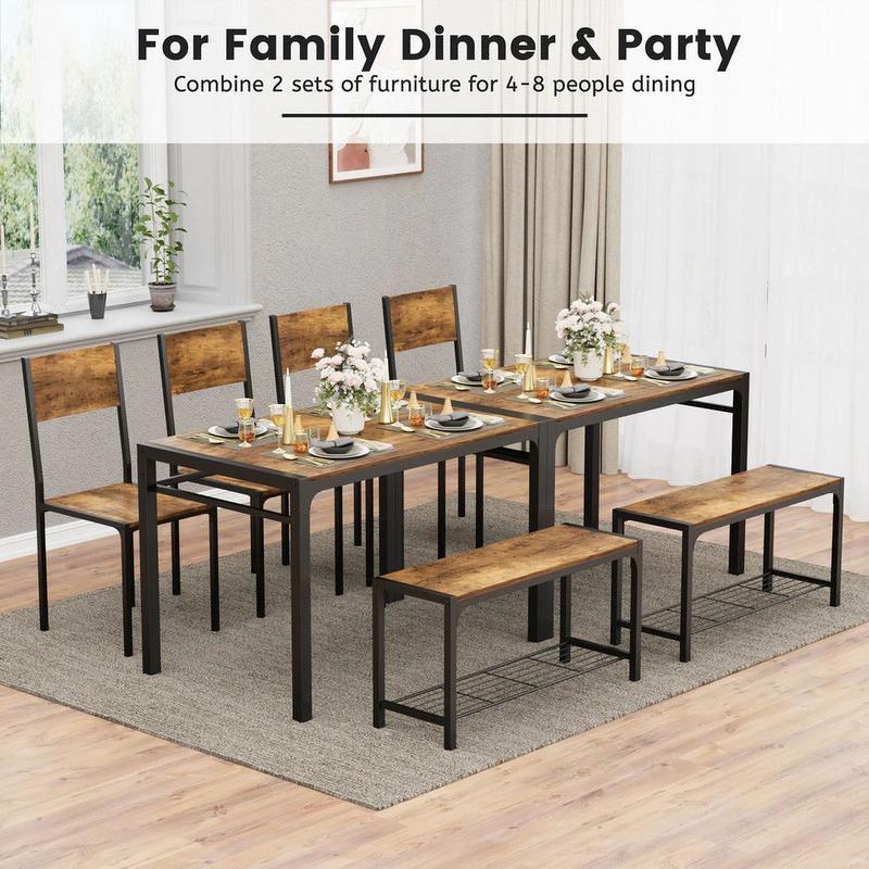 FURMAX Dining Set Table and Chair Set for 4 with Bench Modern Indoor Outdoor Kitchen Living Room Furniture Garden Desk Set Wood Metal Waterproof Desk Chair Set