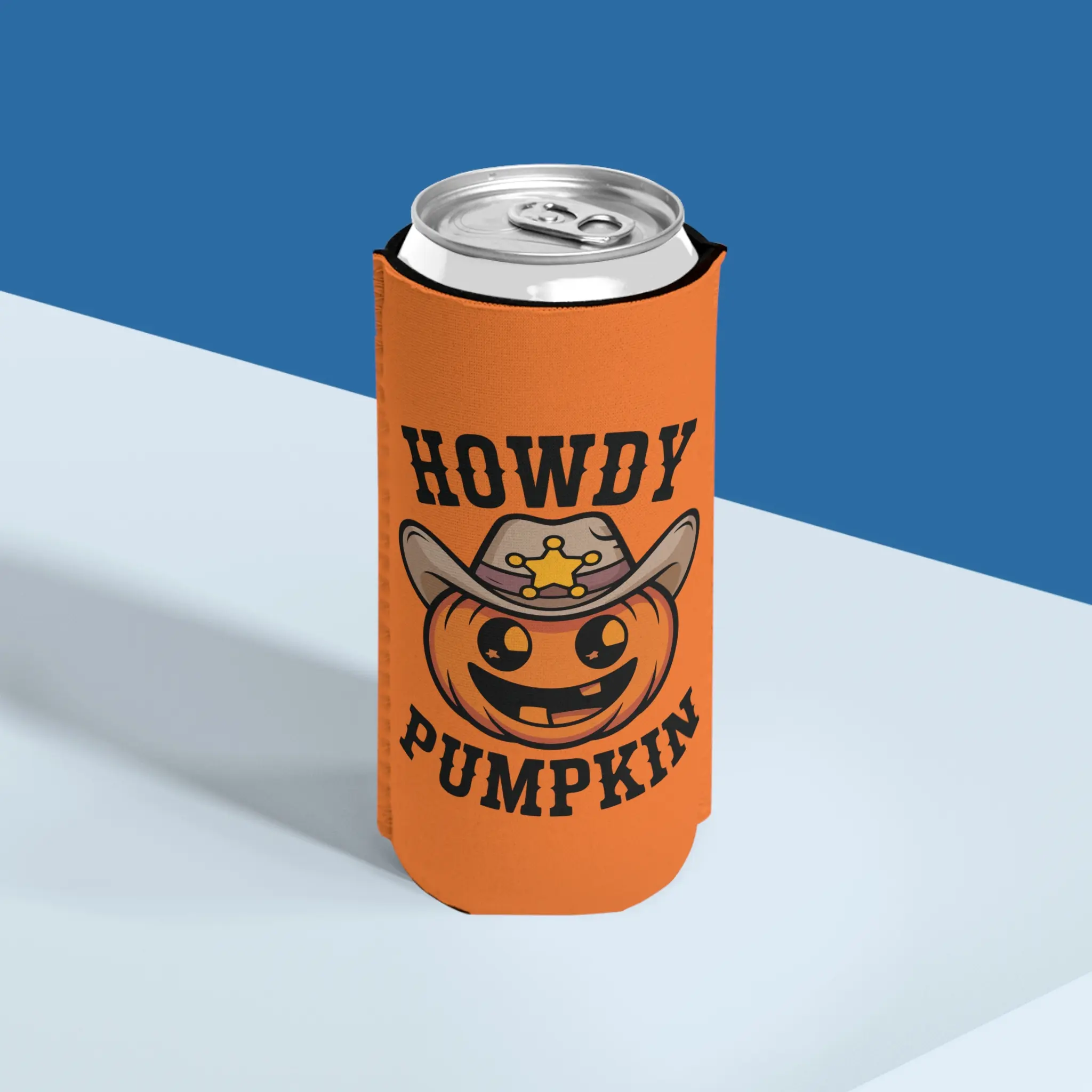 Howdy Pumpkin Slim Can Cooler, Halloween Party Accessory, Fall Beverage Holder, Pumpkin Themed Gift, Trick or Treat Decor