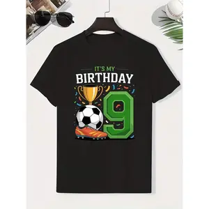 Boys' 9th Birthday Party Outfit - Trophy & Confetti Print Soccer Theme T-Shirt | Breathable Summer Short Sleeve Round Neck Top for 9 Year Boys, Trophy Day & Casual Wear