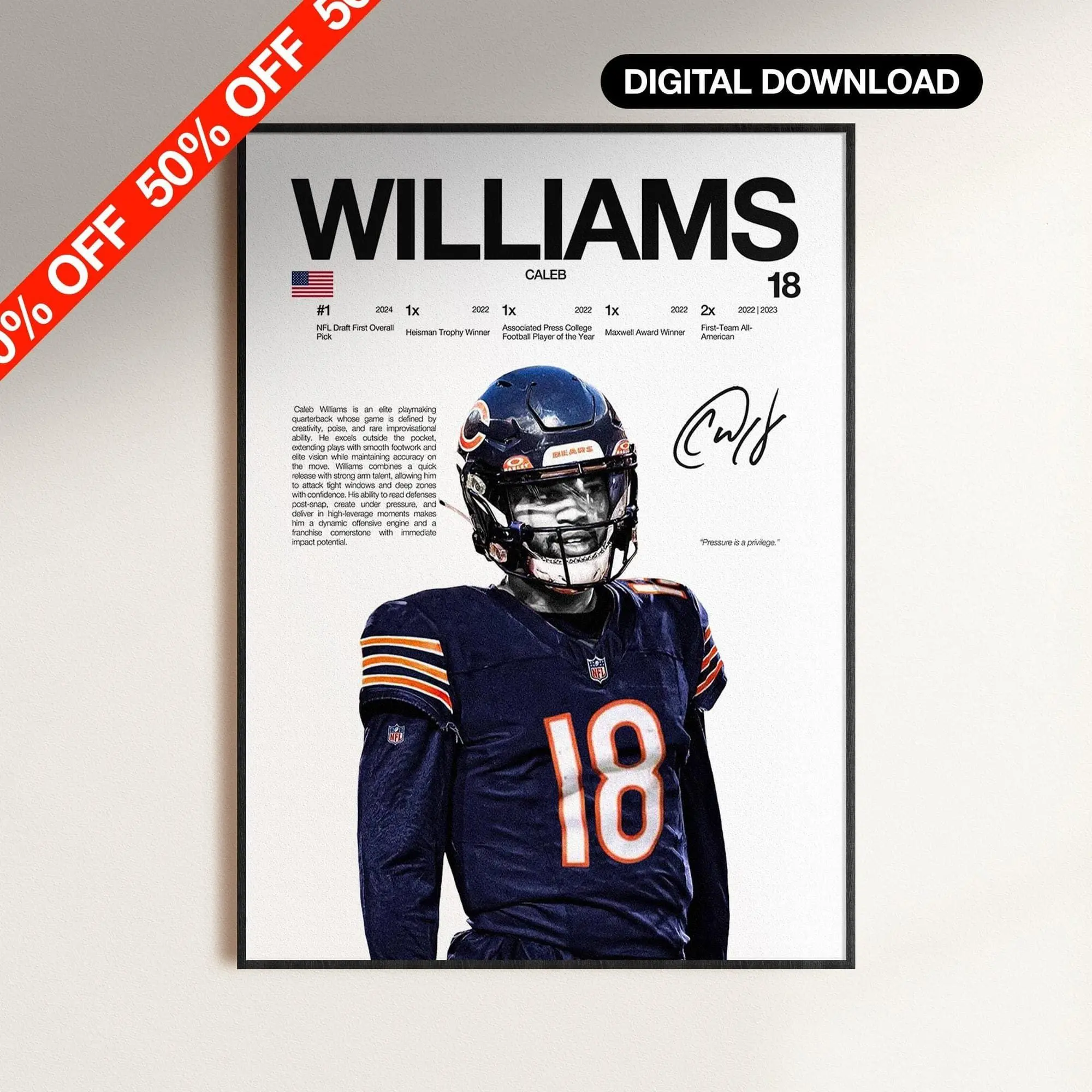 Caleb Williams Poster, NFL Wall Print, Football Digital Download, NFL Poster Print, Sports Decor, Chicago Poster, Football Gift