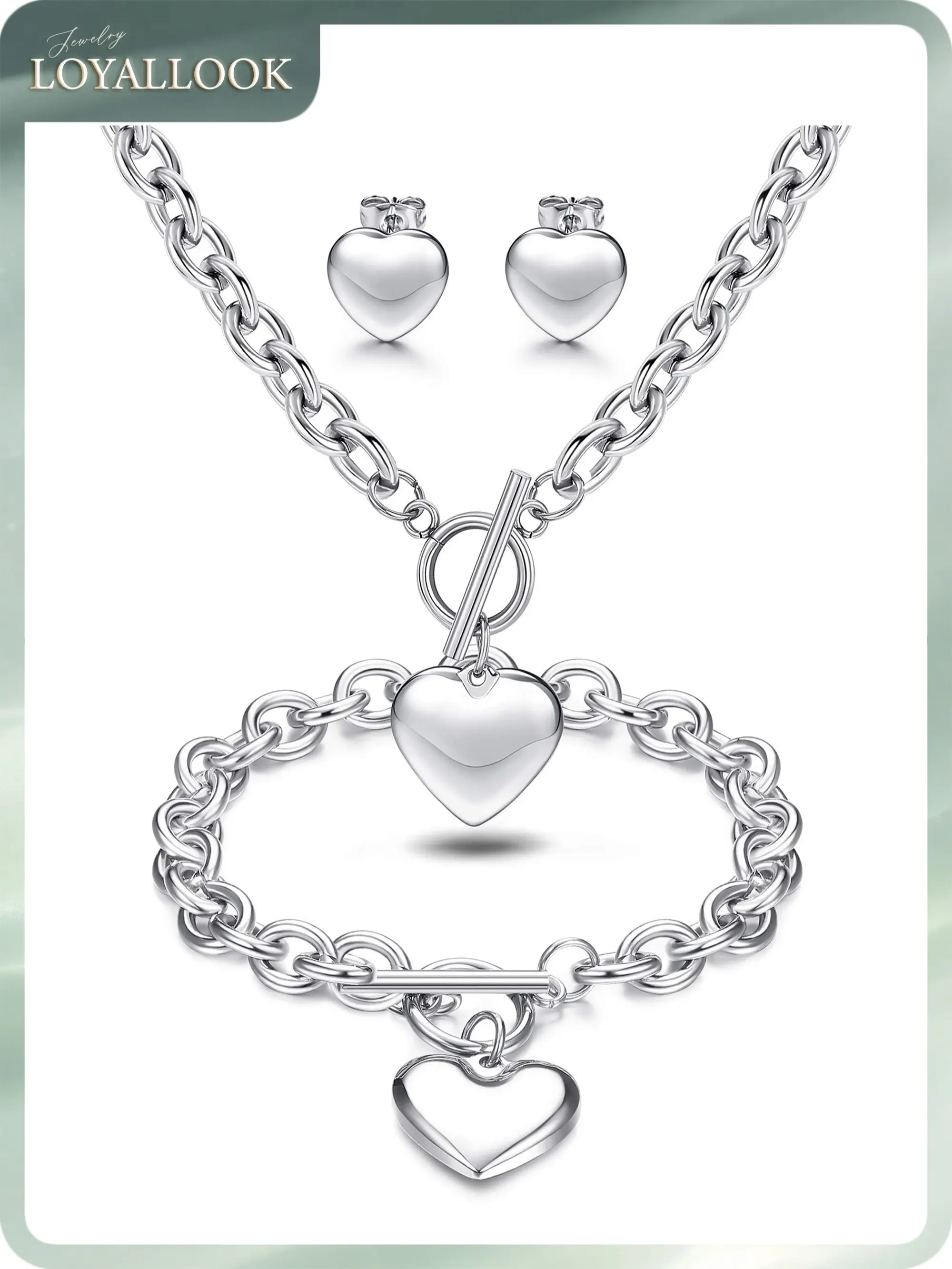 LOYALLOOK Heart Pendant, Necklace, Bracelet & Stud Earrings Set - Stainless Steel Love Heart Jewelry for Women - Halloween