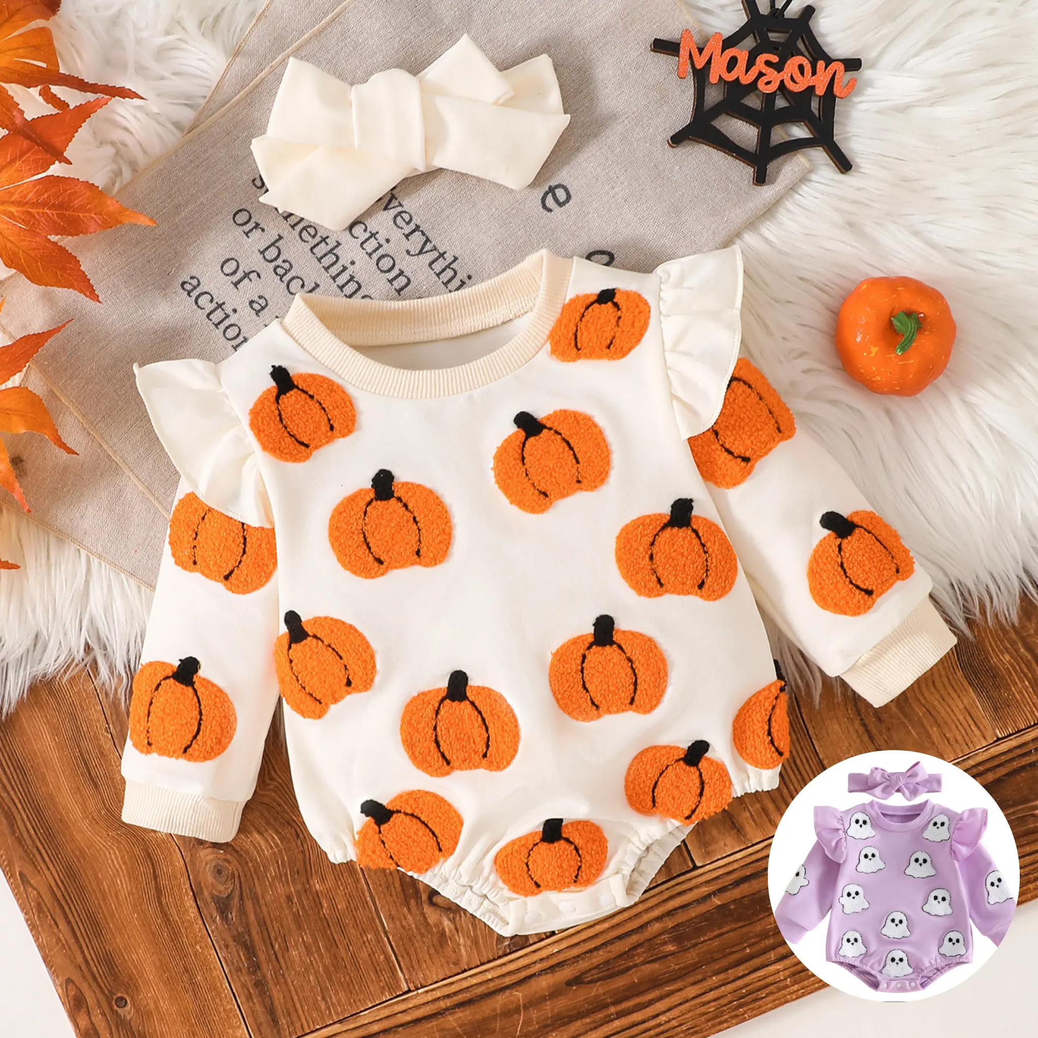 Pumpkin Embroidered Baby Romper – Cotton Unisex Halloween Outfit for Newborn 0-9 Months, Cute Infant One-Piece Clothing Set FT126323