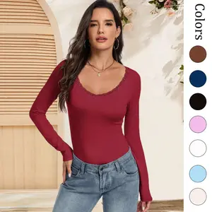 Womens V Neck Lace Sexy Long Sleeve Shirts Basic Fitted Going Out Tops Y2K Casual Fall Outfits Chic Smooth Womenswear Matte