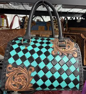 Genuine hand tooled & painted leather speedy bag- MEDIUM turquoise and black check with tooling