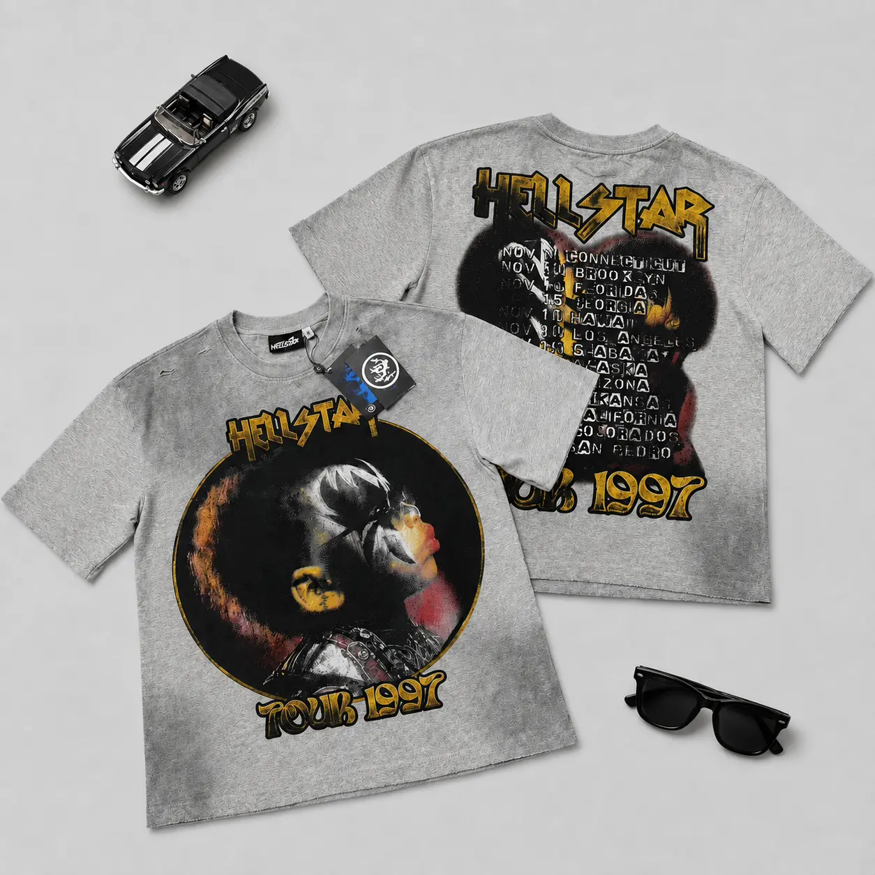 Hellstar Records Men's Pure Cotton Oversized Graphic T-Shirt, Vintage Distressed Double-Sided Short Sleeve Tee, Punk Gothic Streetwear Outfit