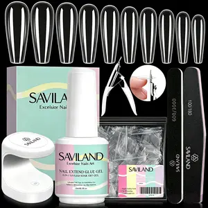 SAVILAND Nail Kit for Beginners: Complete Nail Starter Kit with Long Coffin Nail Tips, 4-in-1 Nail Glue Gel, UV Nail Lamp & Nail Art Tools for DIY Home Manicure Gift for Women