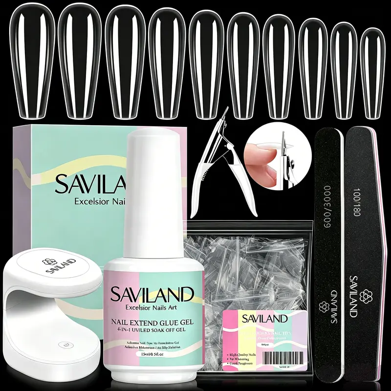 SAVILAND Nail Kit for Beginners: Complete Nail Starter Kit with Long Coffin Nail Tips, 4-in-1 Nail Glue Gel, UV Nail Lamp & Nail Art Tools for DIY Home Manicure Gift for Women