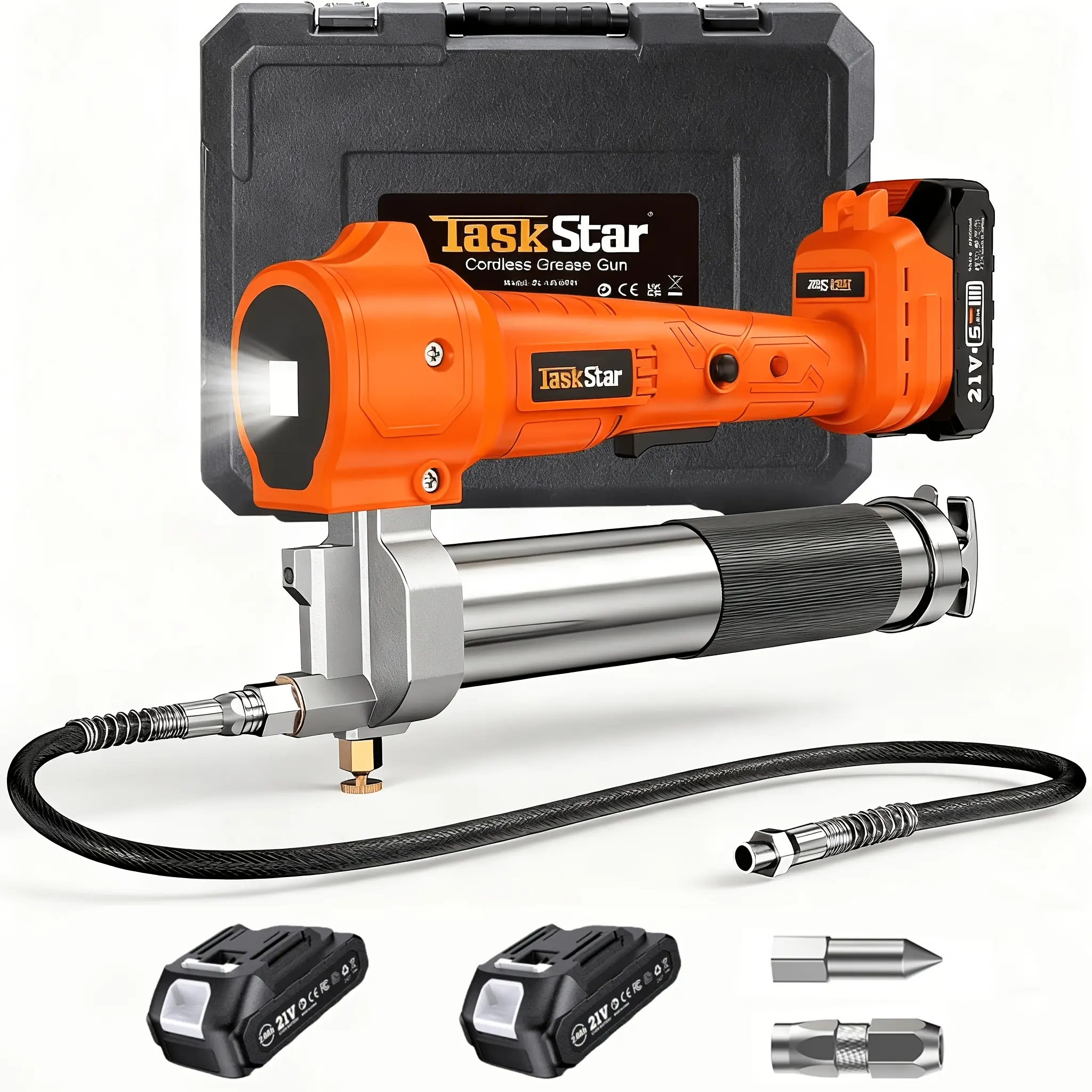 TaskStar Wireless Portable Grease Gun with 39.4-inch Hose And LED Light, Includes 2 Batteries, 10000 PSI High Pressure. Ideal for Lubricating Tractors, Trailers, And Heavy Equipment Machinery
