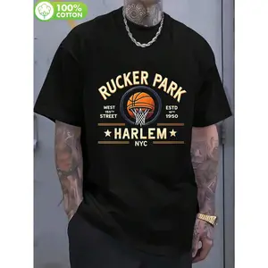 Men's Harlem & Luke Park Basketball T-Shirt - A 1950s retro streetwear style short-sleeved shirt featuring Harlem and Luke Park graphics. Made of comfortable cotton, it's suitable for outdoor sports and everyday casual wear.