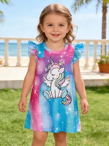 Toddler Cute Unicorn Print Dress for Girls, Summer Round Neck Knee-Length, Casual Fashion Style, Suitable for 1-6 Years, Party or Valentine's Gift