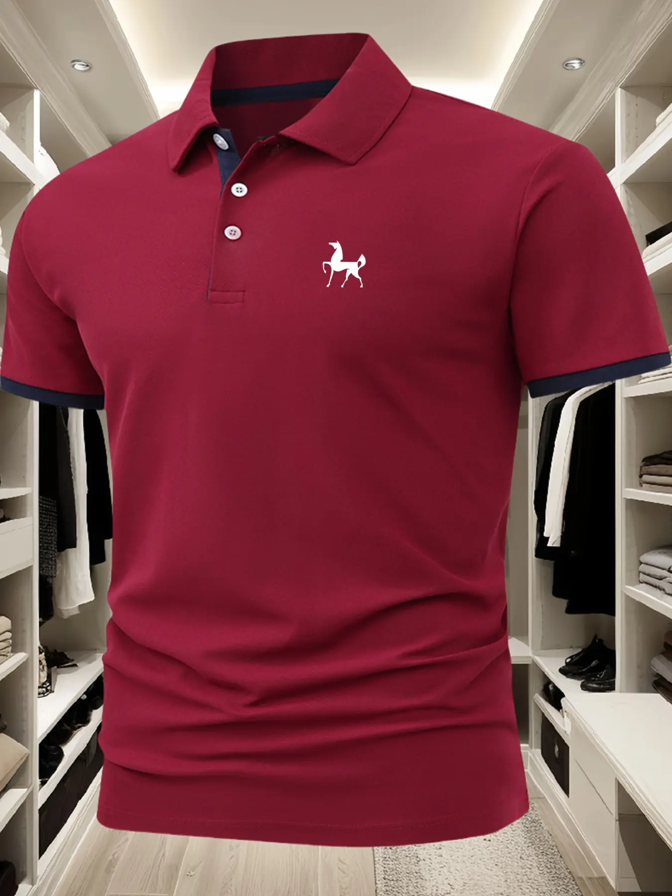 Men's Summer Horse Pattern Short Sleeve Polo Shirt, Casual Comfortable Business Collar Top, Daily Wear Gift Option