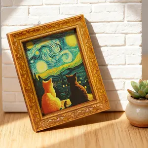1Pcs Van Gogh Starry Night Cat Fridge Magnet – Vintage Art Wooden Mini Decorative Painting, Beautiful Starry Night Scene, Double Cat Silhouette, Creative Home & Kitchen Decor