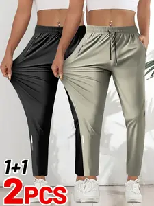 2 pcs summer lightweight breathable women’s pants with zippered pockets; high-stretch outdoor sports long pants for women with an elastic waistband and drawstring; stylish pants suitable for sports, tennis, cycling, and everyday wear.
